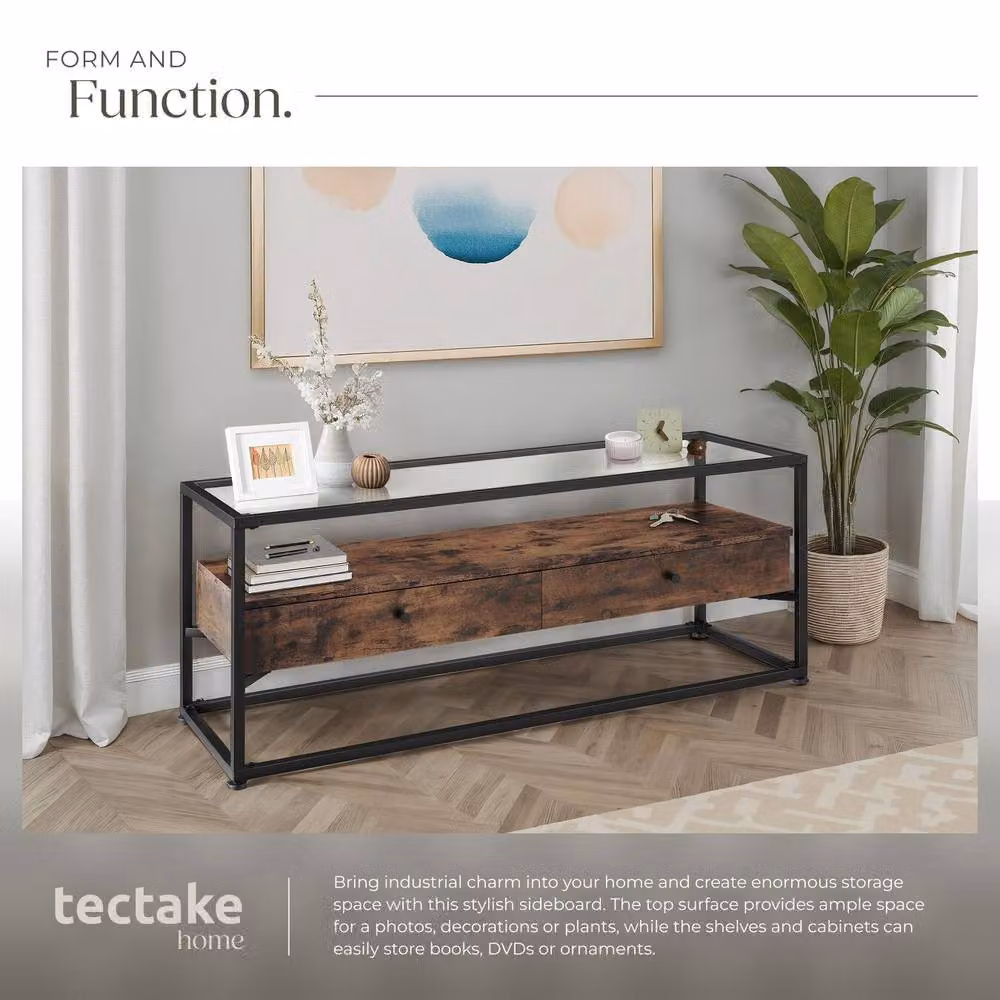 tectake Maidenhead Sideboard in Brown with Safety Glass Tabletop and 2 Large Drawers – 4