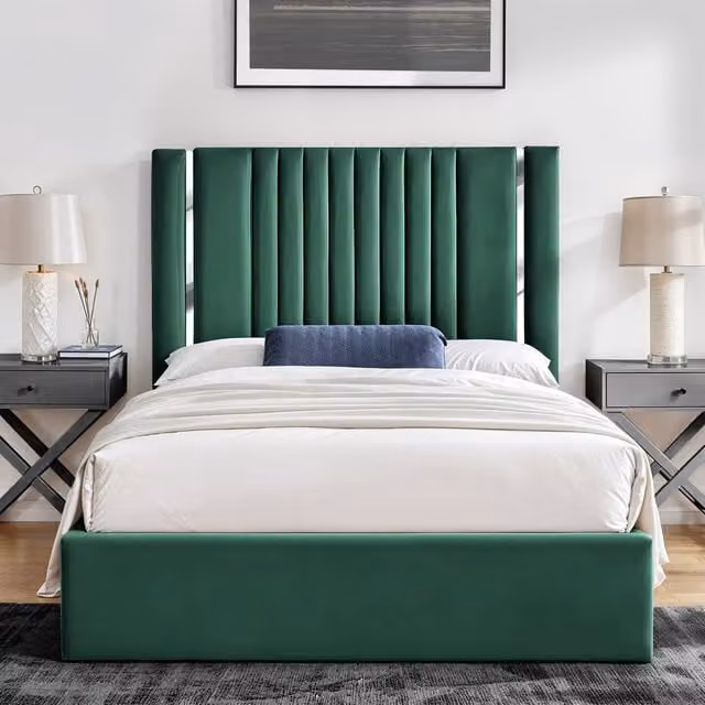 UK Bed Furniture Valencia Upholstered Velvet Slatted Base Bed in Green, W/D/H: 120 x 200 cm