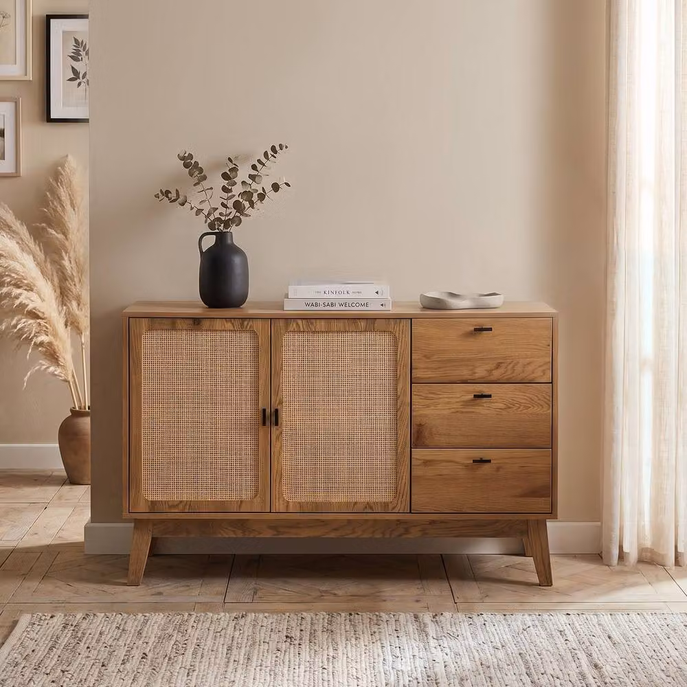 CALICOSY ALIA 2-Door 3-Drawer Sideboard with Rattan Fronts in Light Brown, Width: 120 cm – 2