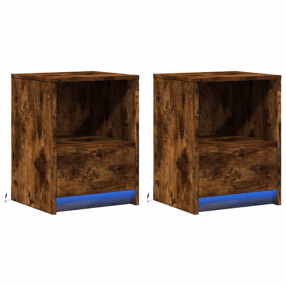Berkfield Home Set of 2 Modern Bedside Cabinets with Integrated LED Lights in Smoked Oak Brown – 3