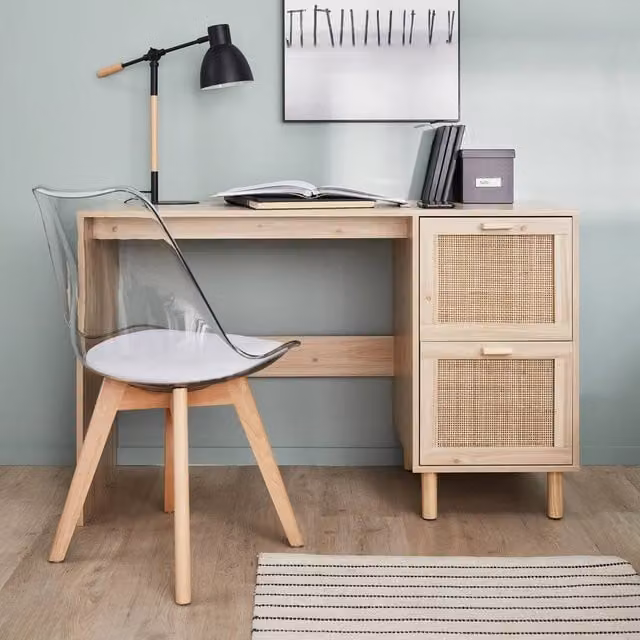 sweeek Boho Woven Rattan Writing Desk with 2 Drawers in Brown