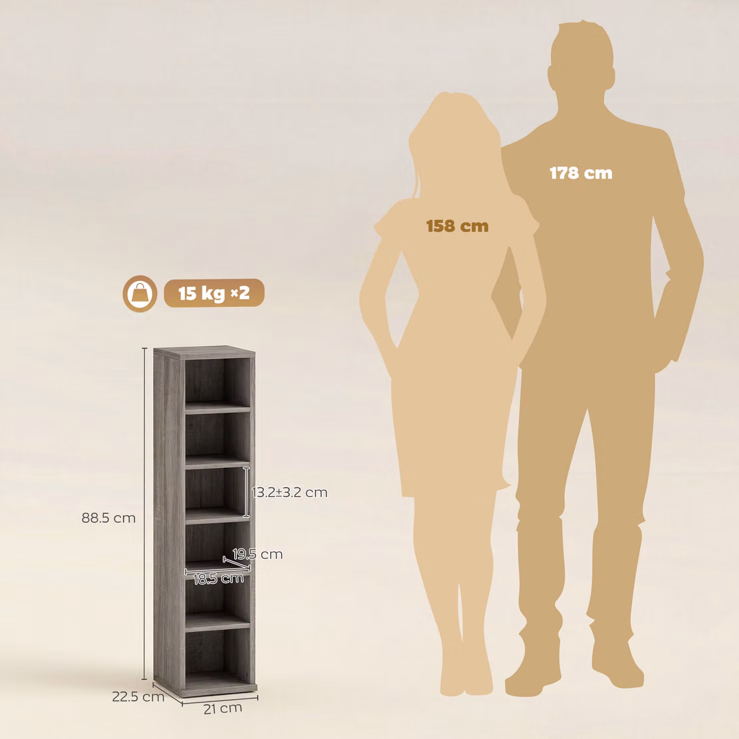 HOMCOM Set of 2 CD Media Display Tower Racks with Adjustable Shelves in Distressed Grey – 3