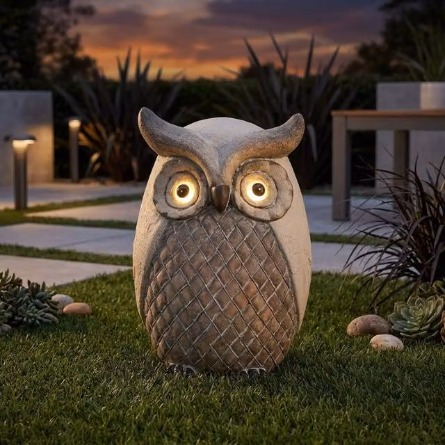 Garden Greatness Sitting Owl Solar Garden Ornament in Grey and Multicolour, H 30.5 cm x W 21.0 cm x D 18.5 cm