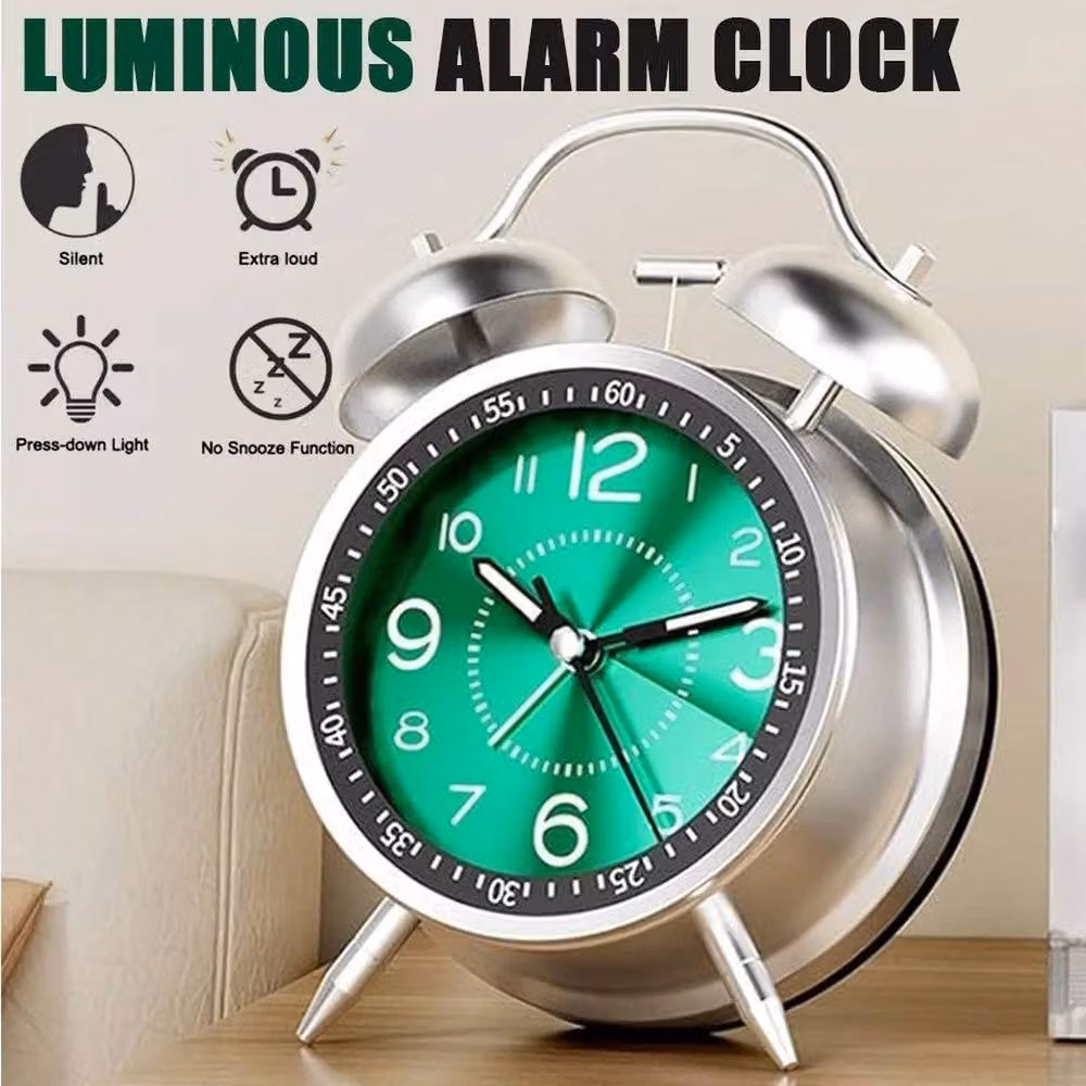 NESTLUNE Super Loud Twin Bell Alarm Clock with Night Light in Silver, W: 10.0 cm, H: 16.0 cm – 6