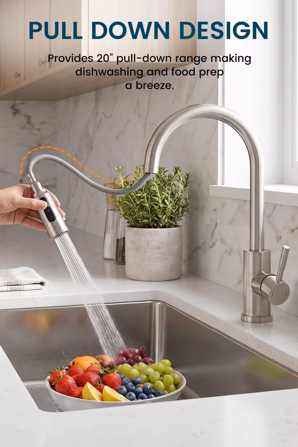 JANLEMNY Kitchen Mixer Tap with 3-Mode Pull-Out Spray, Brushed Stainless Steel in Silver, W/D/H: 1000 x 400 mm – 4