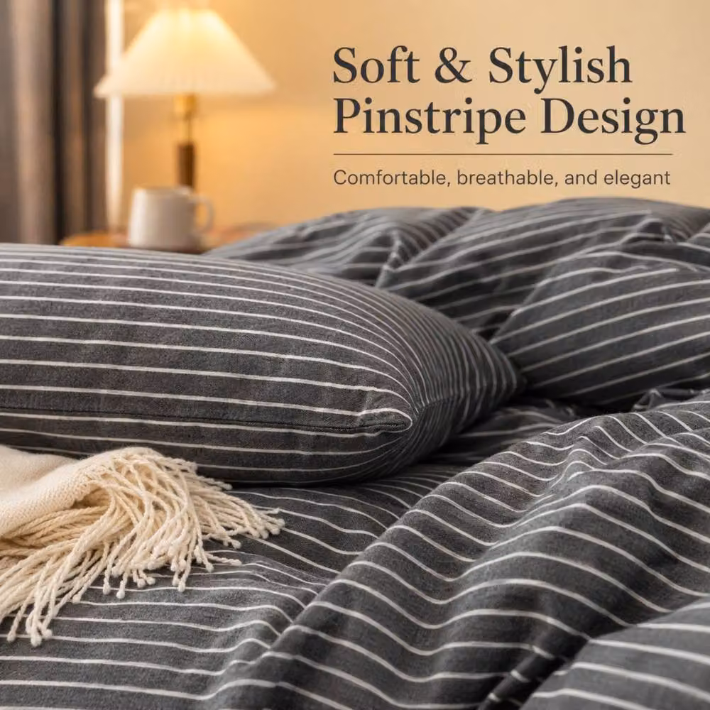Lazzaro Home Feel the Difference Reversible Striped Double Brushed Microfibre Duvet Cover and Pillowcase Set, Charcoal Grey, W/D/H: 200 x 220 cm – 3