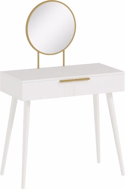HOMCOM Modern Dressing Table with Round Mirror and 2 Drawers, White and Gold – 1