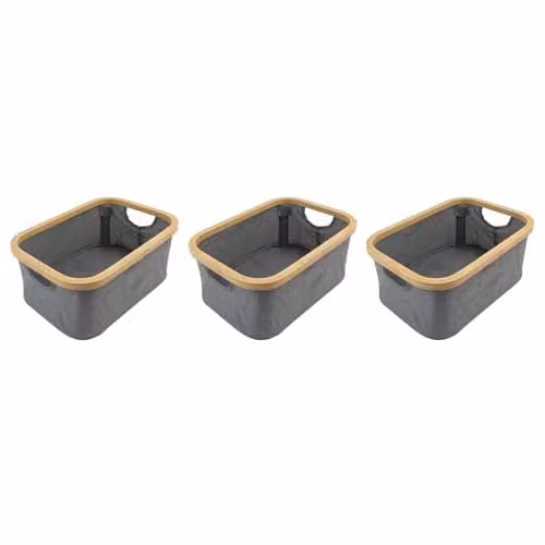 JVL Bambanio Set of 3 Foldable Bamboo Storage Baskets with Handles, 26L, Grey