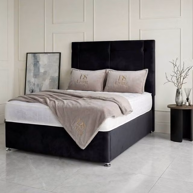 DS Living Kingsley Black Velvet Upholstered Divan Bed, W/D/H: 200 x 200 cm – 1