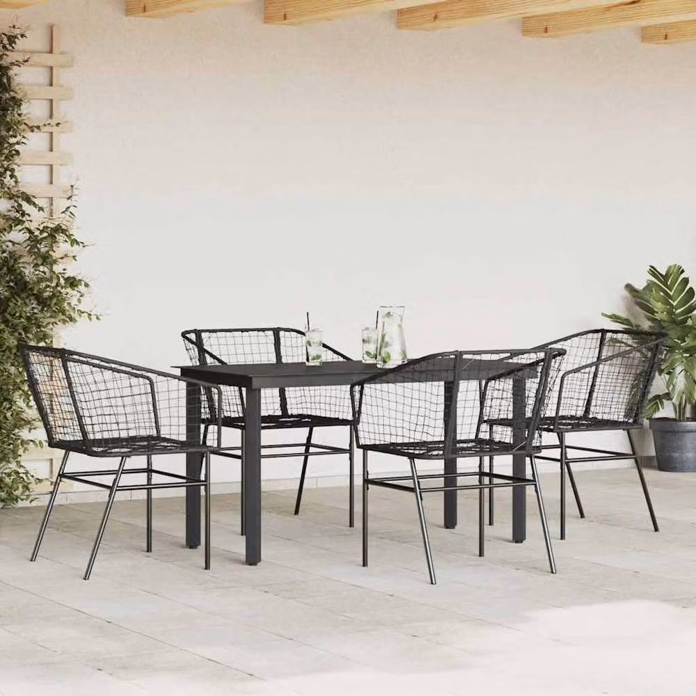 Berkfield Home 5 Piece Black Poly Rattan Garden Dining Set with Glass Tabletop – 2