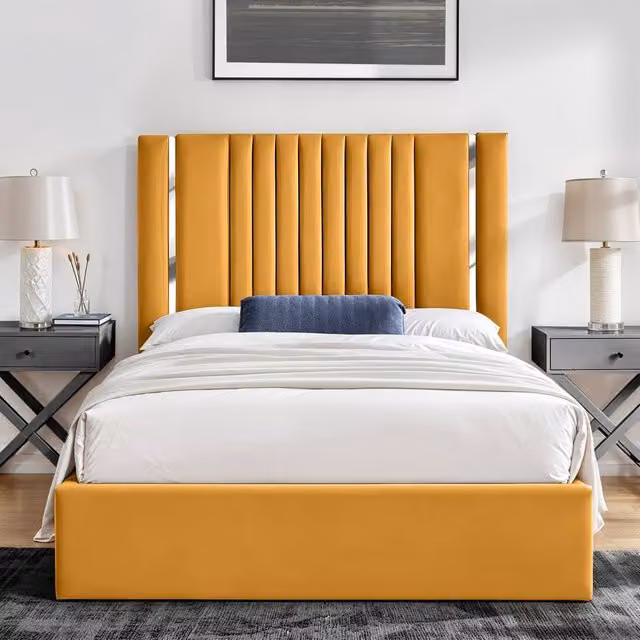UK Bed Furniture Valencia Upholstered Velvet Slatted Base Bed in Yellow, W/D/H: 120 x 200 cm