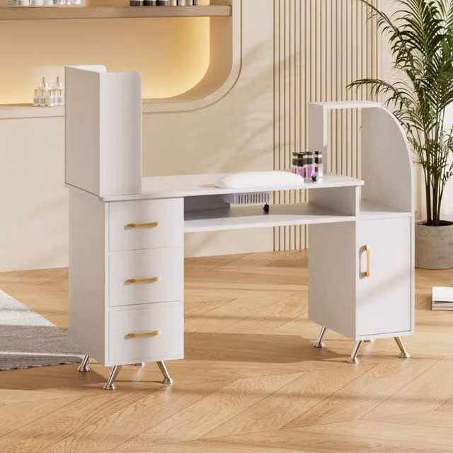 Livingandhome White Manicure Table with Dust Collector and Wrist Cushion