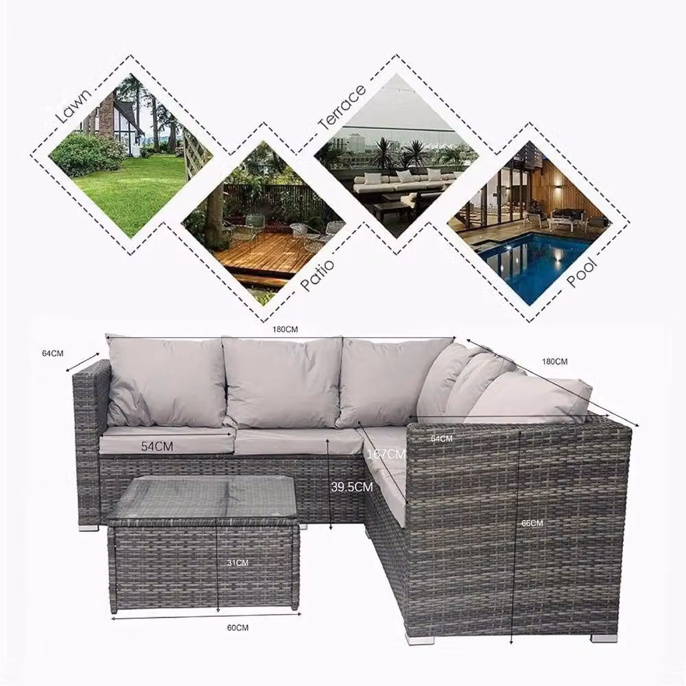 Alivio 5-Seater Grey PE Rattan L-Shape Patio Corner Sofa Set with Coffee Table and UV-Resistant Cushions – 4