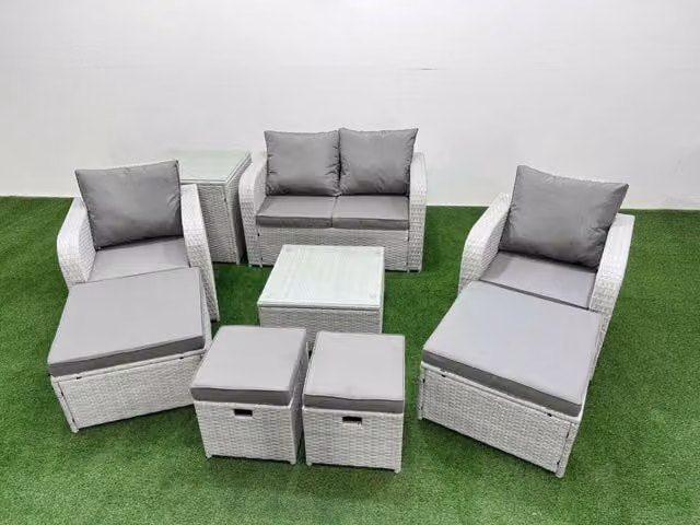 Fimous PE Rattan Garden Furniture Set in Light Grey with 2-Seater Sofa, Reclining Armchair, 4 Ottomans and Coffee Table