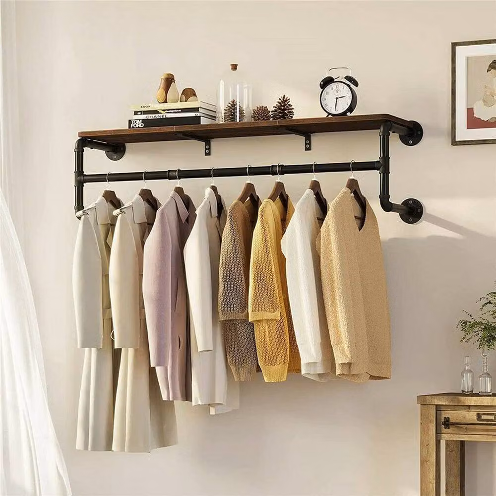 FORGEVIO Industrial Wooden and Metal Shelf Storage Unit with Hanging Rod in Matt Black – 2