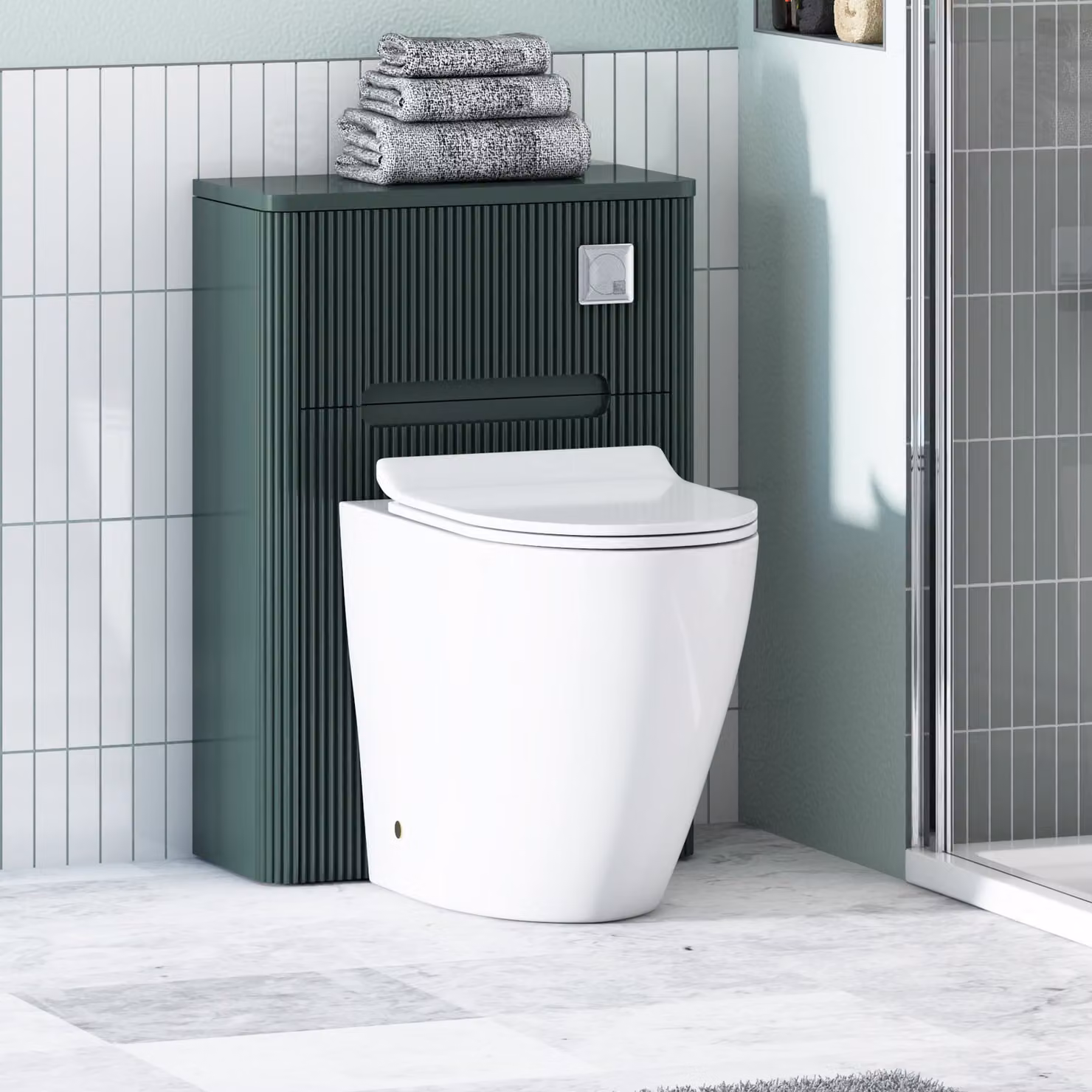 Avenza Moss Green Wall Mounted WC Unit with Elva White Rimless Short Projection Ceramic Toilet Pan, Slim Soft Close Seat and Cistern, Depth: 55 cm
