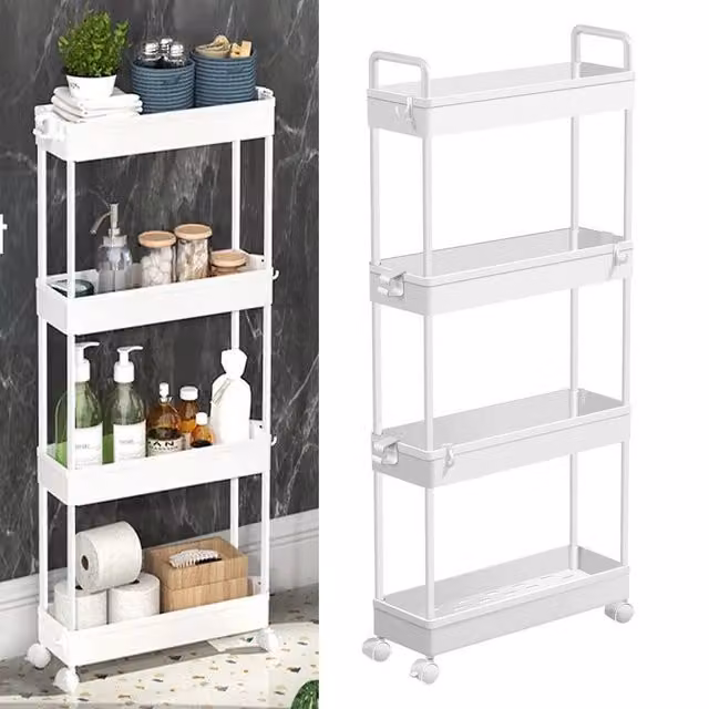 NESTLUNE 4 Tier Slim Kitchen and Bathroom Storage Trolley, White, H 100 cm x W 15 cm x D 15 cm