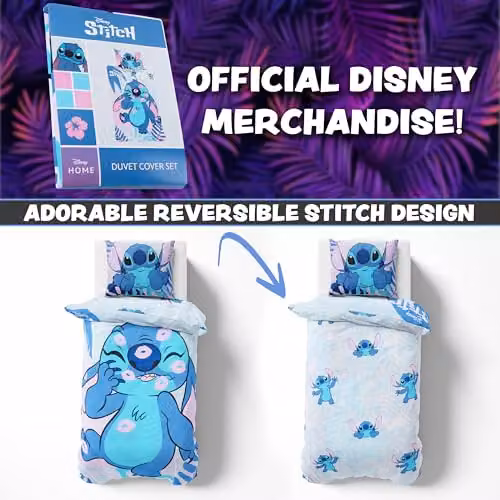Disney Stitch Blue and Multicolour Duvet Cover and Pillowcase Set for Kids and Teenagers, W/D/H: 135 x 200 cm and 90 x 200 cm – 4