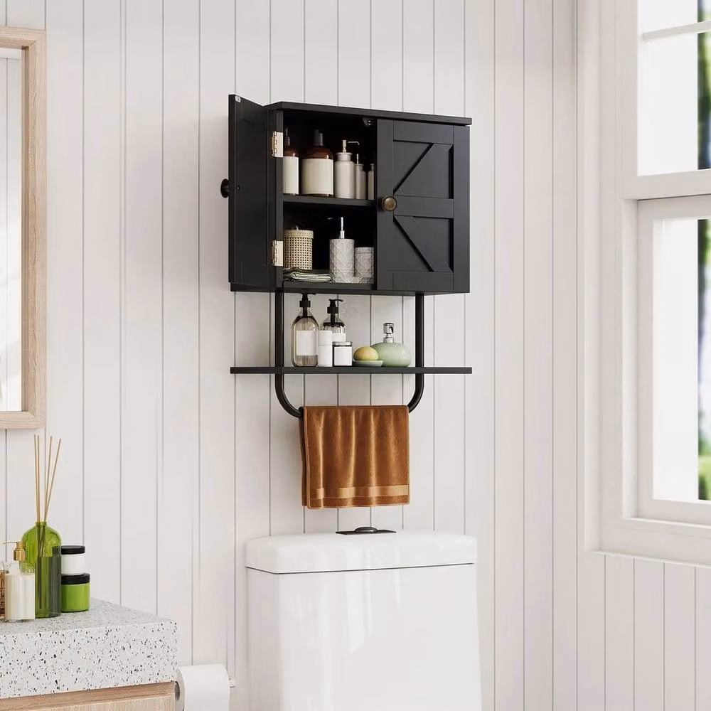 VOGREX Black Matt Wall Mounted Bathroom Medicine Cabinet with Hinged Doors and Internal Shelves – 2