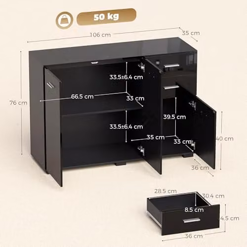 HOMCOM Modern High Gloss Black Sideboard Storage Cabinet – 3