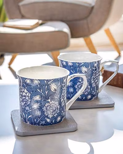 Kitchen Craft Floral Porcelain Bone China Mugs in Blue and Multicolour, Set of 2, 300ml – 3