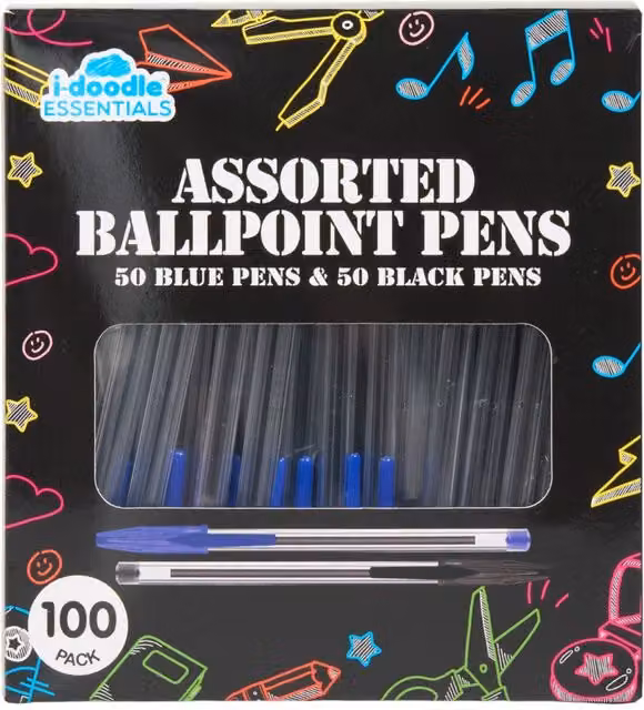 i-doodle essentials Pack of 100 Blue and Black Ballpoint Pens