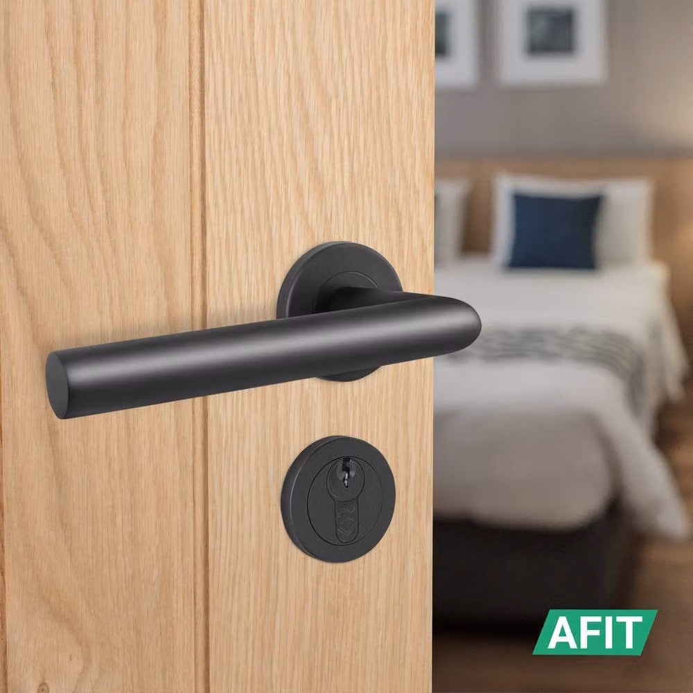 AFIT Matt Black Lever on Rose Euro Lock and Hinge Kit with Double Cylinder, Stainless Steel – 5