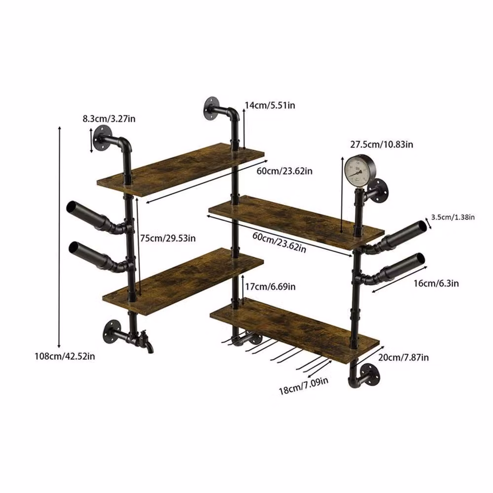 NESTLUNE Industrial Pipe Wall Mounted Wine Rack and Liquor Bottle Display in Brown, W: 100 cm, D: 15 cm – 5