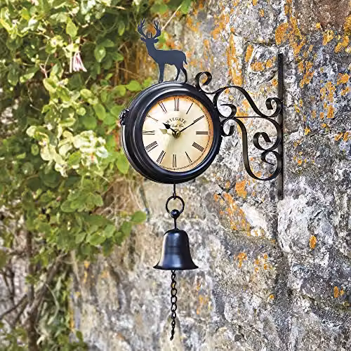 Wyegate Dual Sided Outdoor Wall Mounted Garden Clock and Weather Station with Thermometer and Hygrometer, Black Stag Design – 2