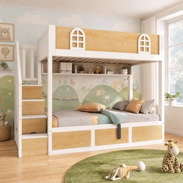 STILVORA Childrens Bunk Bed with House Frame and Stairs, White, W/D/H: 90 x 190 cm – 1