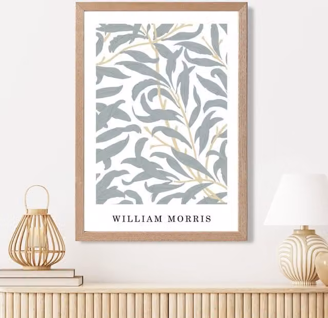 ARTZE William Morris Willow Floral Art Print in Sage Green with Oak Frame, A2