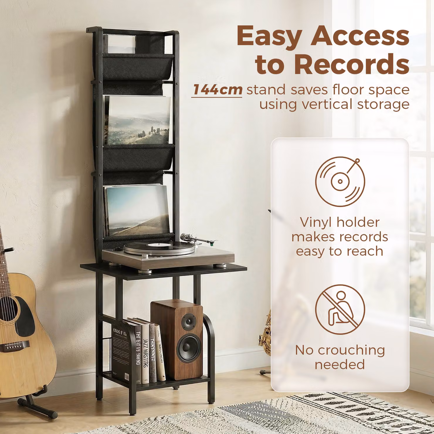 HOMCOM Black Vinyl Record Player Stand with Oxford Fabric Pockets and Bottom Shelf – 5