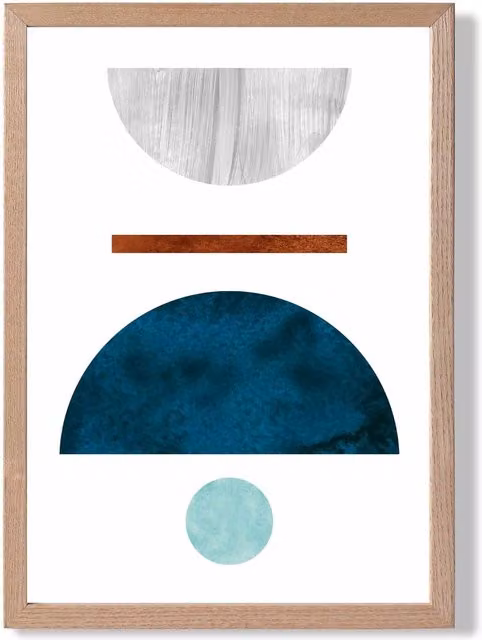 ARTZE Mid Century Geometric Framed Print, Teal, Grey and Green Abstract Semi Circles, W/H: 21.0 x 29.7 cm