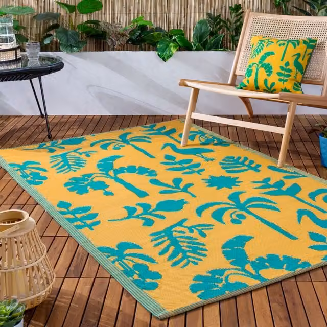 Furn Marula Woven Floral Indoor/Outdoor Rug in Yellow and Turquoise, W/D/H: 120 x 180 x 1 cm