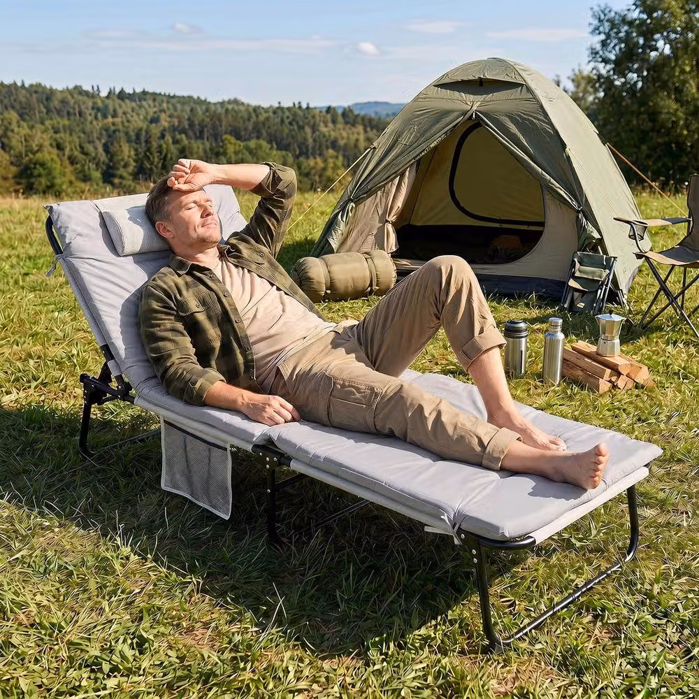 Gymax Folding Sun Lounger with Storage Pocket in Grey – 2