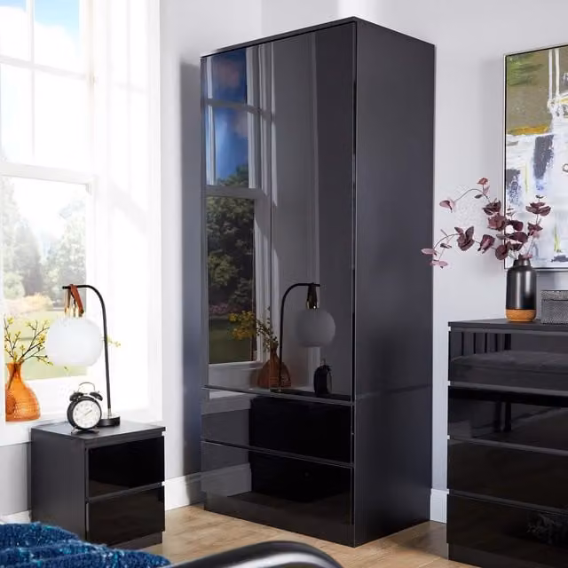 Home Source Modern Glossy 2 Door 2 Drawer Wardrobe in Black, Grey and White, H 180 x W 75 x D 50 cm – 1