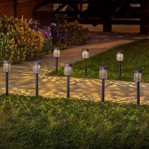 mysmartbuy Set of 8 Solar Powered LED Garden Stake Lights in Black with Warm White Effect, Height: 36 cm