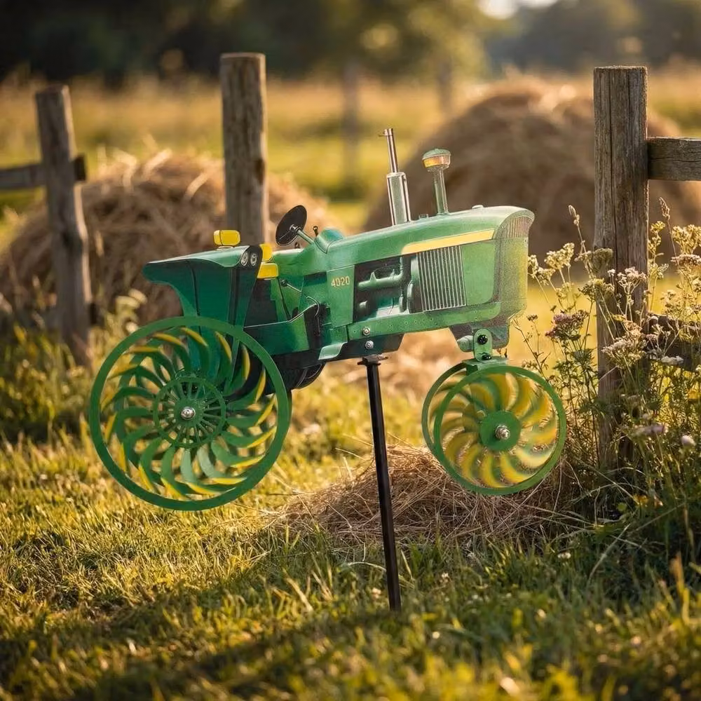 FLAVORA Green Tractor Windmill Garden Wind Spinner Metal Stake, H 100 cm x W 15 cm – 6