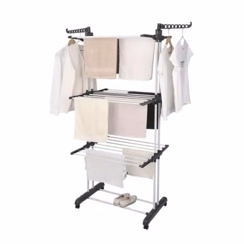 AMOS 4-Tier Foldable Clothes Drying Rack with Wheels and Shoe Rack, Grey – 1