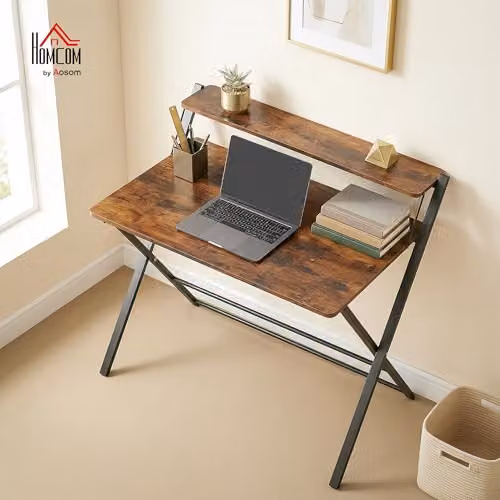 HOMCOM Compact Folding Computer Desk in Rustic Brown, W/D/H: 86 x 66 x 82 cm – 2