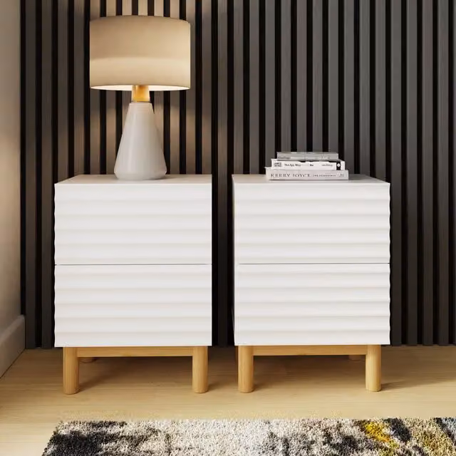 GFW Karla Pair of White Ribbed 2 Drawer Bedside Tables – 2