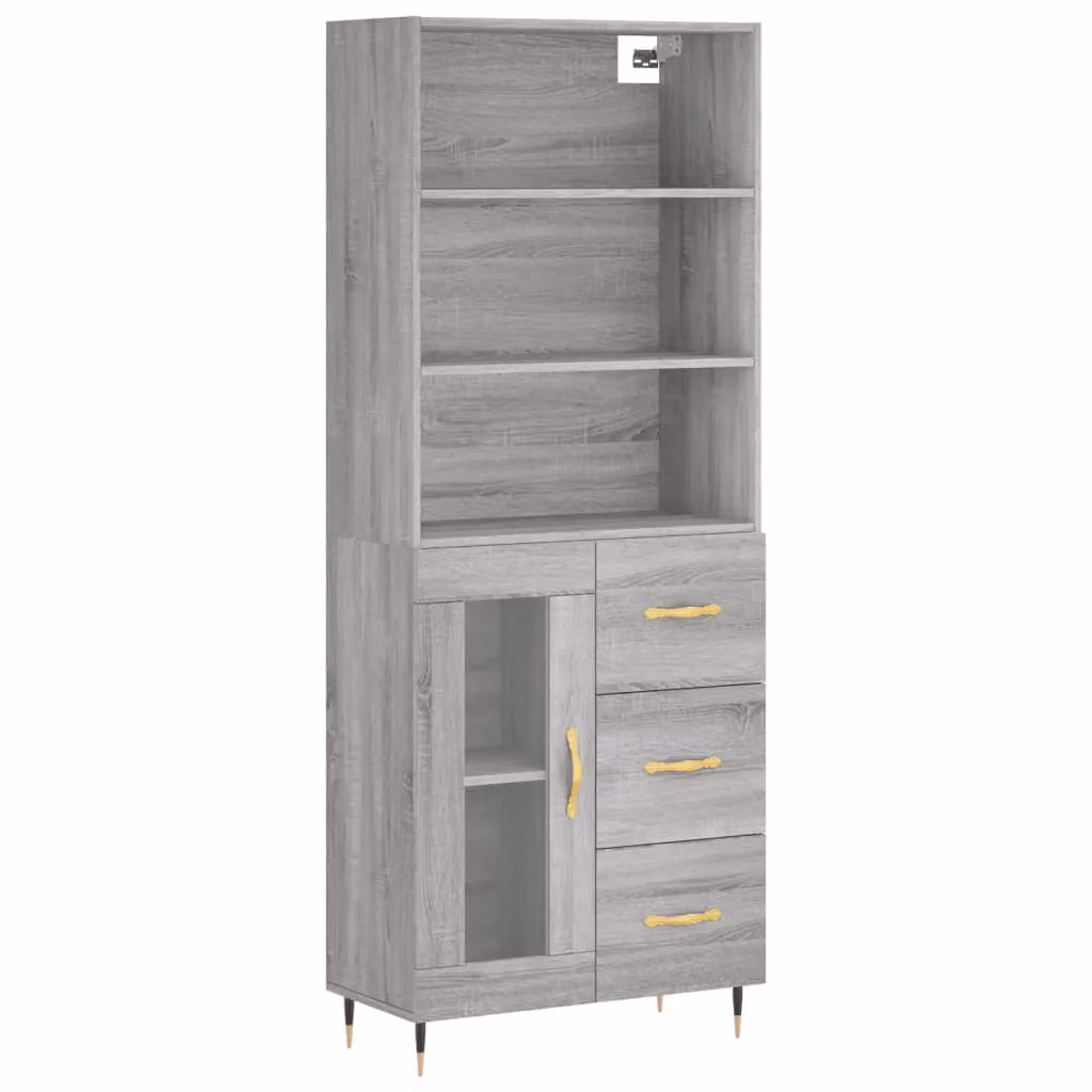 Berkfield Home Grey Sonoma Highboard with Glass Doors and Internal Shelves, H 180 x W 69.5 x D 34 cm – 2
