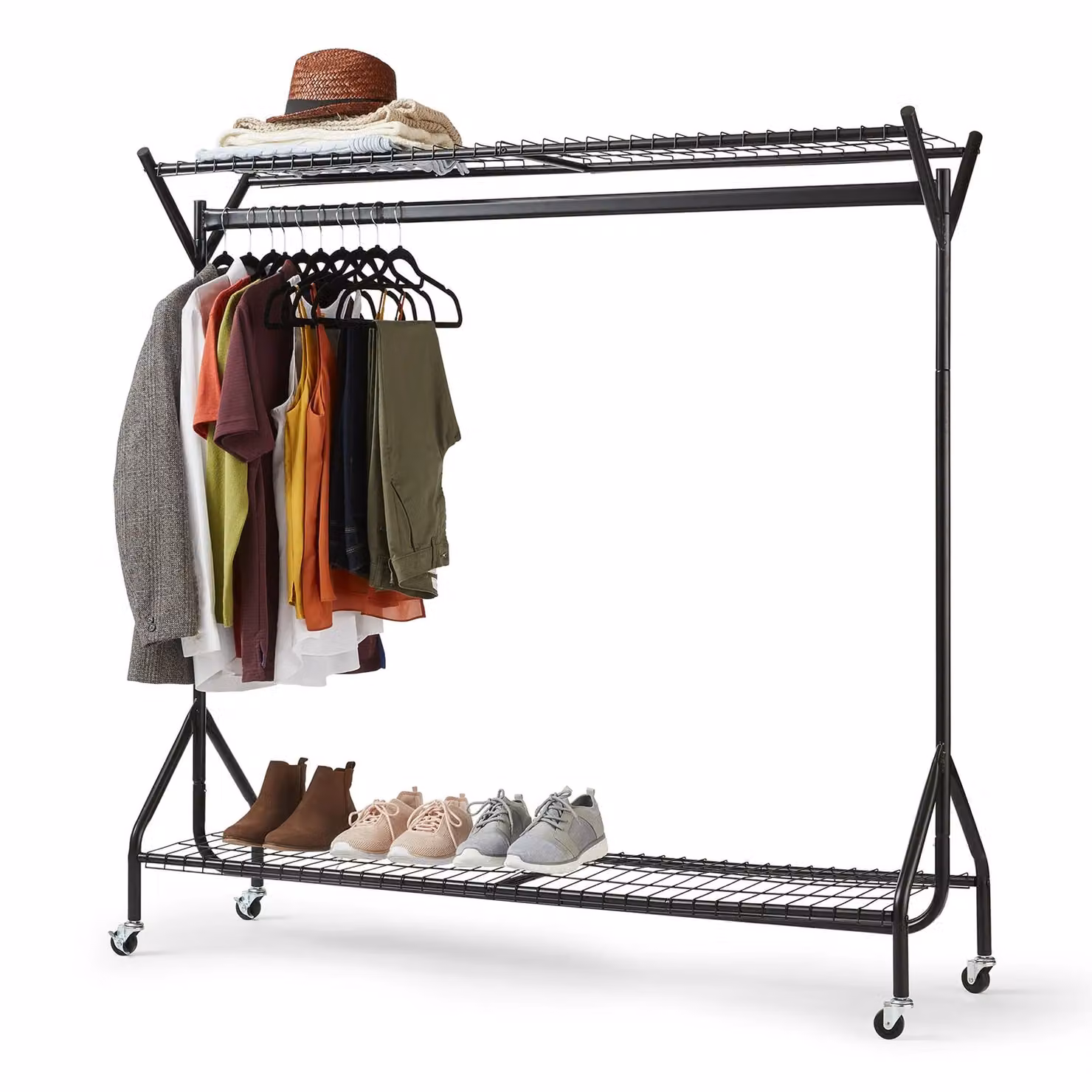 House of Home Heavy Duty Metal Clothing Rail with Shelves and Wheels in Matt Black, W/D/H: 152.4 x 100 x 152.4 cm – 2
