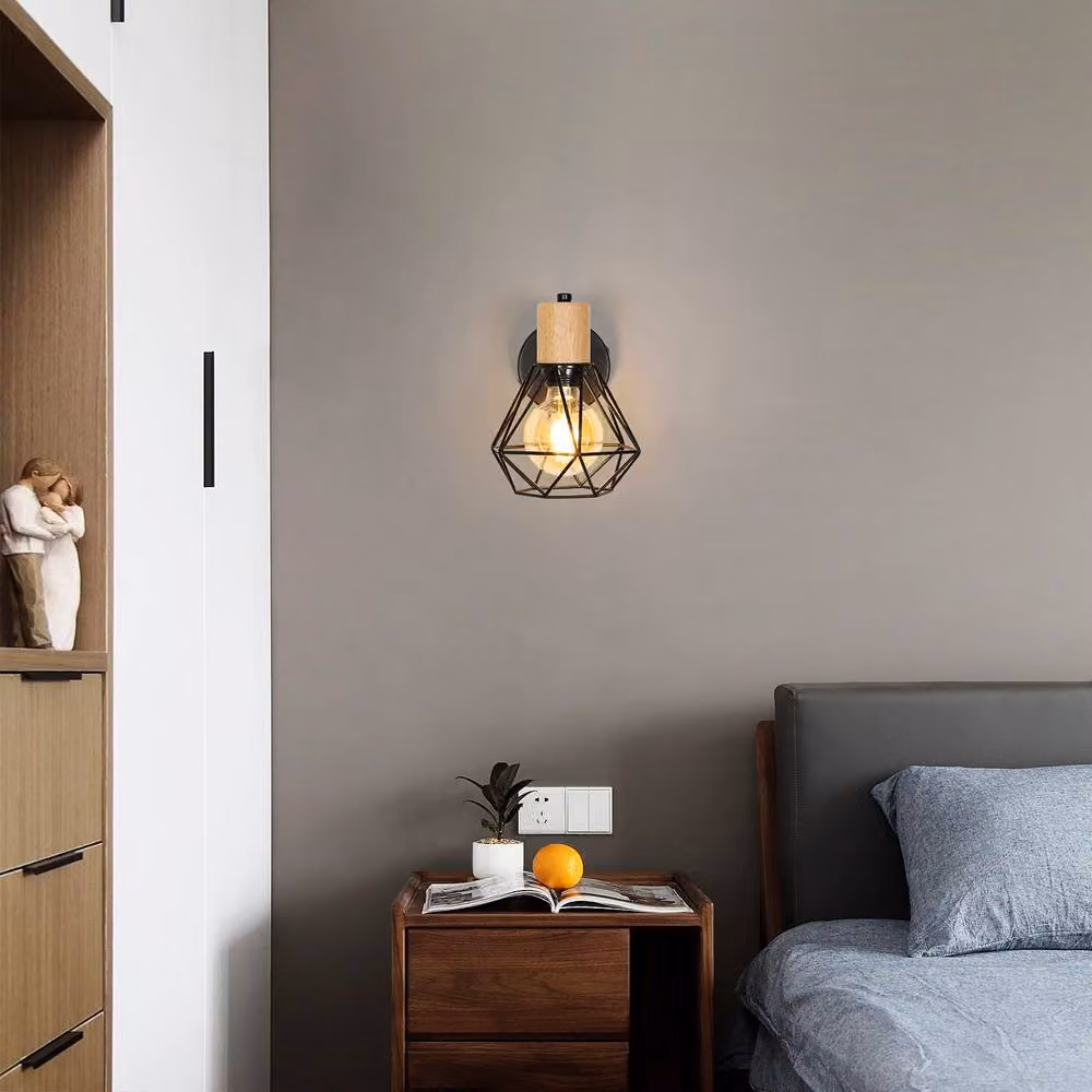 Pheashine Industrial Black and Wood Wall Lamp with E27 Bulb for Bedrooms, Living Rooms and Hallways – 4