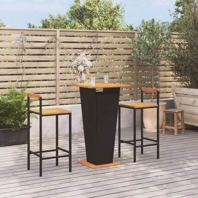 Berkfield Home 3 Piece Modern Garden Bar Set in Black Poly Rattan and Solid Acacia Wood – 1
