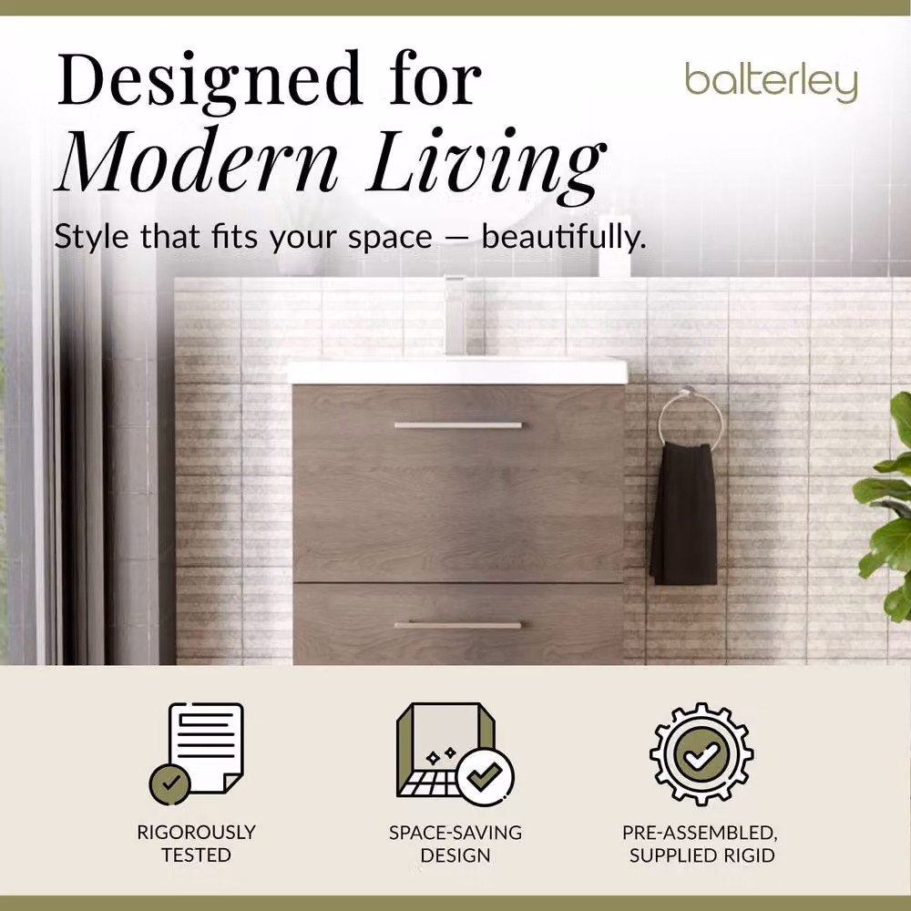 Balterley Contemporary 2-Drawer Bathroom Floor Standing Vanity Unit with Mid-Edge Ceramic Basin, Solace Oak Brown, W/D/H: 61.0 x 39.0 x 84.0 cm – 2