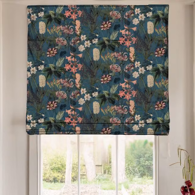 Linda Barker Grandi Floral Velvet Made To Measure Roman Blind in Petrol and Multicolour