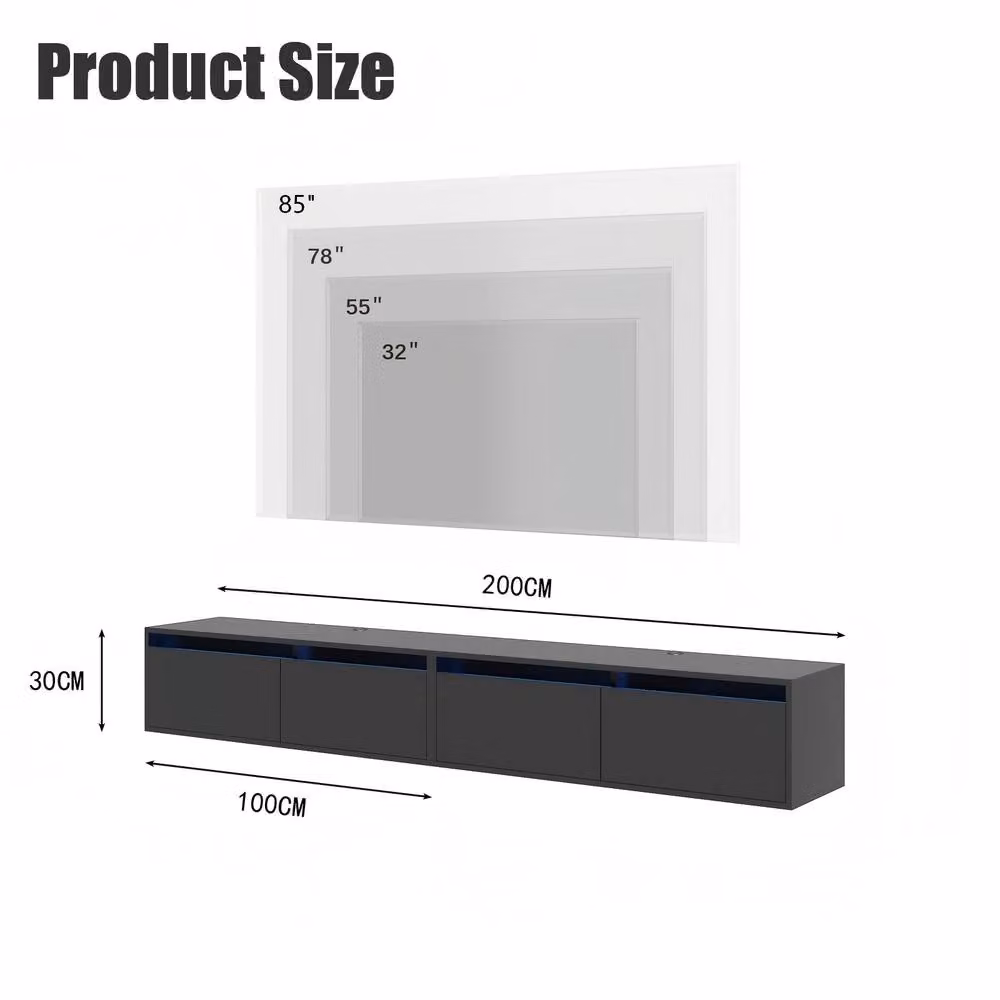 KEEPREAPER Sleek Wall Mounted Floating TV Stand with Integrated LED Lights and Flip-Down Cabinets in Black – 2