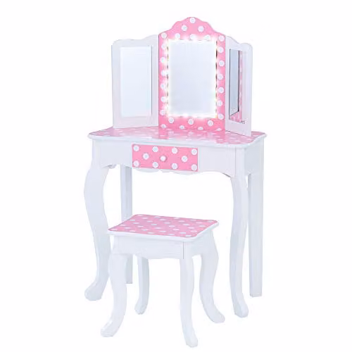Teamson Kids Princess Gisele 2-Piece Wooden Play Vanity Set with LED-Illuminated Tri-Fold Mirror and Stool, White with Pink Polka Dot
