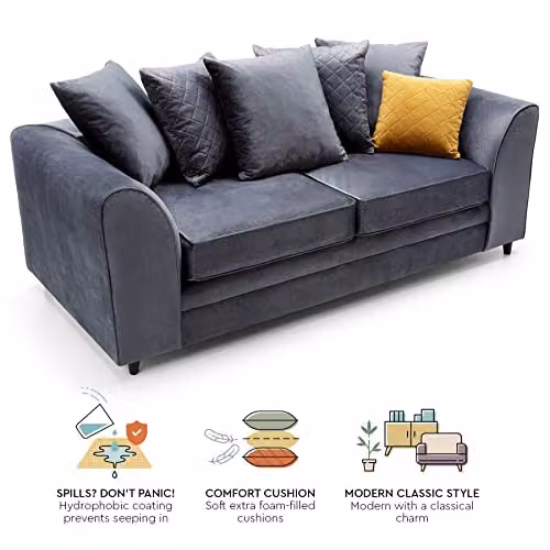 Abakus Direct Chicago 3 Seater Velvet Sofa in Grey, W/D/H: 180 x 89 x 78 cm – 5